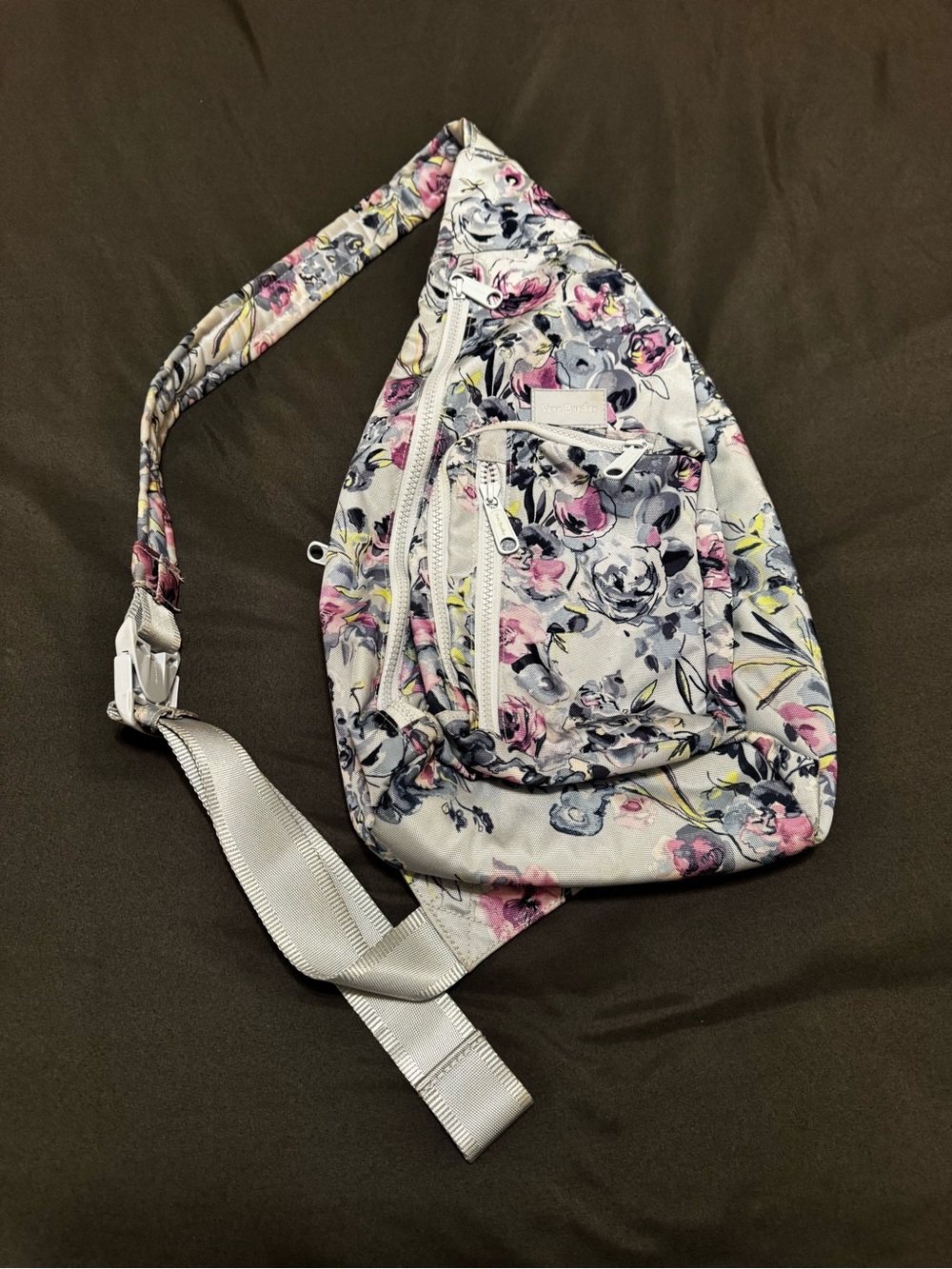 Vera Bradley Floral Sling Backpack in Light Gray with Pink & Blue Accents
